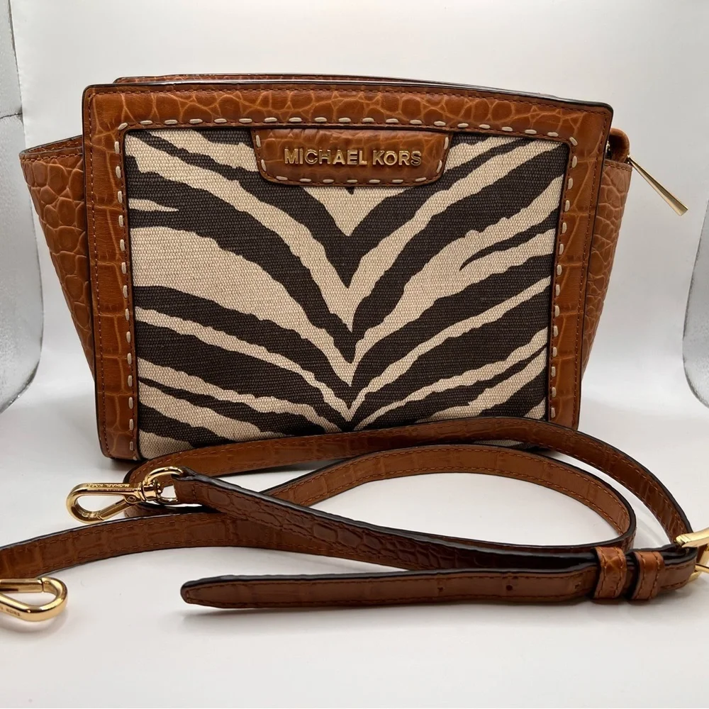 Michael Kors Zebra Print Crossbody in Brown and Cream 9” x 7”